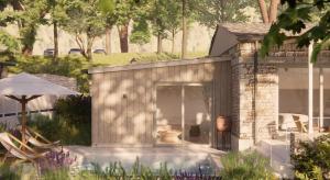 a small house with a patio and a garden at Makryammos in Limenas