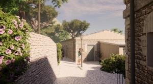 a rendering of a person walking down a brick alley at Makryammos in Limenas