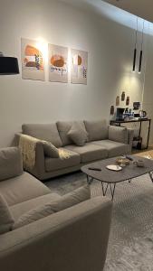 a living room with a couch and a table at شقة بغرفة نوم وصالة in Buraydah