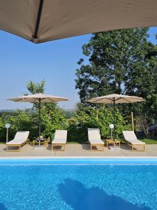Un grupo de sillas y sombrillas junto a una piscina. en CASA AMORE Exclusive with pool, en Slatina