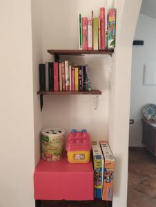 a shelf with books on it next to some boxes at Zeus Casa Vacanza in Olmedo