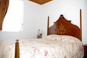 ein Schlafzimmer mit einem großen Bett mit einem hölzernen Kopfteil in der Unterkunft Charming Villa with Pool in Lamego in Lamego