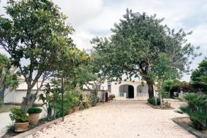 a driveway in front of a white house with trees at Casa Matilde in Orosei