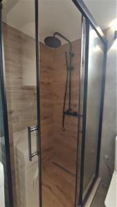 a shower with a glass door in a bathroom at Central Apartment with Garden in Skopje +15 photos
