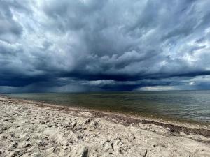 a beach with a cloudy sky and the ocean at Blaumuschel Sprotte 15 in Lubmin +17 photos