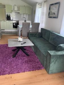 a living room with a green couch and a table at Ferienhaus Weserblick, Haus Forelle in Rinteln +21 photos