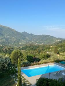 une piscine avec des montagnes en arrière-plan dans l'établissement Villa Prana by Nicola Real Estate, à Corsanico-Bargecchia