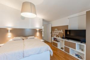 een slaapkamer met een groot bed en een flatscreen-tv bij Apartment Siranovic in Batalaži