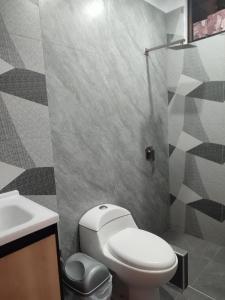 a bathroom with a white toilet and a sink at Hospedaje velilu in Ica +29 photos