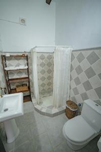 a bathroom with a shower and a toilet and a sink at Casa Rural Moliner in Las Cuevas de Cañart