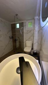 łazienka z umywalką, prysznicem i toaletą w obiekcie Elena apartment chalkidiki w mieście Kallithea +37 zdjęć
