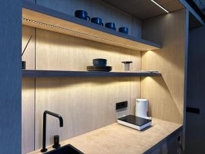 a kitchen with a counter with a sink and a sink at Aura Glemp & SPA in Laukbeitini +29 photos