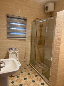 a bathroom with a shower and a toilet and a sink at Folulakes Regal Villas in Ibadan +29 photos
