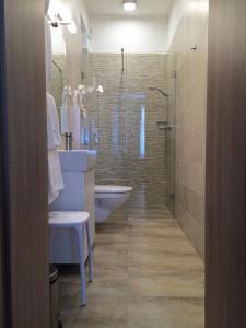 a bathroom with a shower and a sink and a toilet at Erhardt Superior Rooms in Sopron