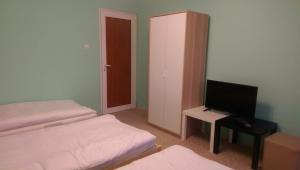 a small room with two beds and a television at Стаи за гости Деметра in Sofia +18 photos