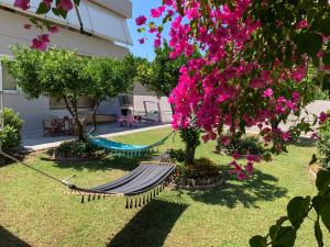 a hammock in front of a house with pink flowers at Hotel Aki in Loutra Edipsou +10 photos