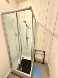 a shower with a glass door in a bathroom at Balcon de Paris in Gennevilliers