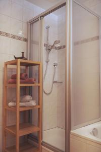 a bathroom with a shower and a towel rack at Ferienhaus Ahorn in Neustift im Stubaital