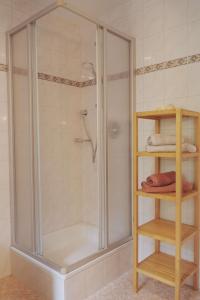 a shower with a glass door in a bathroom at Ferienhaus Ahorn in Neustift im Stubaital +33 photos