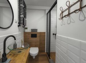 a bathroom with a glass sink and a toilet at Beskidzka Guest House in Szczyrk +59 photos