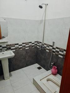 ein Badezimmer mit einer Dusche und einer rosa Tasche auf dem Boden in der Unterkunft The Abbott Crown Hotel Rajwal in Kalas + 16 Fotos