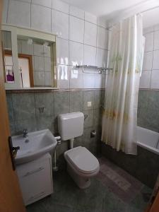 un bagno con wc, lavandino e doccia di Apartment Emily a Omiš (Almissa) Altre 22 foto