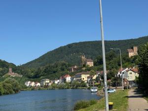 a view of a river in a town with houses at Hotel Garni Neckarblick in Neckarsteinach