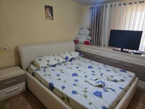 a bedroom with a bed with a television and a teddy bear at Garden guest house in Tirana