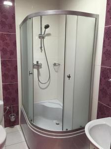 W łazience znajduje się prysznic ze szklanymi drzwiami. w obiekcie Hotel Oktan w mieście Kryve Ozero