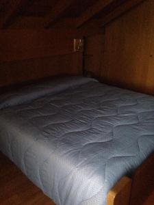a large blue bed in a wooden room at Villa San Martino in San Martino di Castrozza