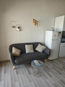 - un salon avec un canapé et un réfrigérateur dans l'établissement L'anse duRhône, à Port-Saint-Louis-du-Rhône