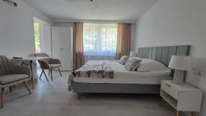 a bedroom with a bed and a table and a chair at Apartamenty Bujowy in Ustroń