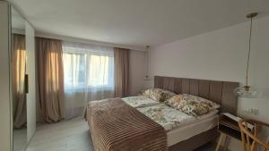 a bedroom with a bed and a large window at Apartamenty Bujowy in Ustroń