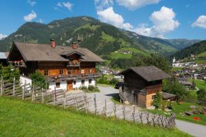 a house on a hill with mountains in the background at Reitbauernhof in Grossarl