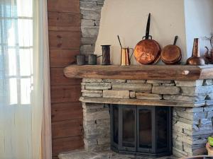 バイトストーレンにあるBjødnabakkens historieの鍋と鍋を上に置いた暖炉