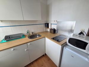 a small kitchen with a sink and a microwave at Studio la république in Tréguier