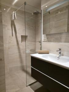 a bathroom with a sink and a glass shower at Apartment MM in Omiš +35 photos