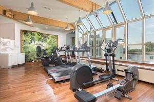 a gym with treadmills and ellipticals in a room with windows at Scandic Berlin Kurfürstendamm in Berlin