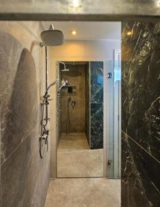 a bathroom with a shower with a glass door at Elenas Nest in Markopoulo