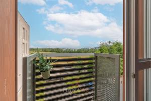 a view from a balcony with a potted plant at Le Tahiti, 2 pers, 10 min Disneyland Paris in Marne-la-Vallée