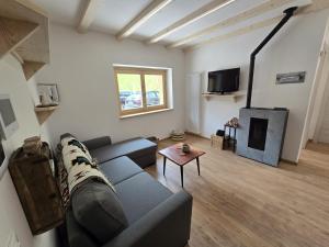 a living room with a couch and a fireplace at Case vacanza Valbruna in Valbruna