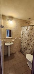 a bathroom with a sink and a shower and a toilet at Mi Casita in Colón