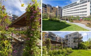 a collage of four pictures of a building with flowers at Two bedroom apt near Oslo City Center, Norway in Oslo