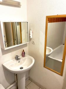 a bathroom with a sink and a mirror and a tub at Location courte durée T2 avec terrasse à Montpellier in Montpellier