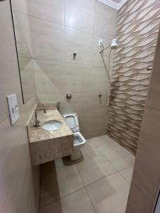 um banheiro com pia e vaso sanitário em Area de Lazer L&J 2 em Barretos