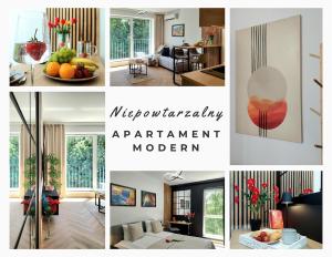 kolaż zdjęć salonu w obiekcie Modern Apartment w Bielsku Białej