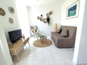 a living room with a couch and a tv at Appartement cosy village entre mer et nature in Le Pradet