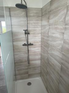 a shower with a shower head in a bathroom at Maison Mara in Montliot-et-Courcelles