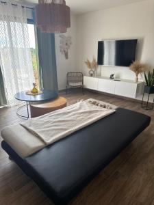 a bed in a room with a table and a tv at Maison neuve in Montamisé