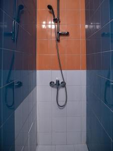 a bathroom with a shower with colorful tiles at Chic Asboth City Center Loft - Perfect Location in Budapest